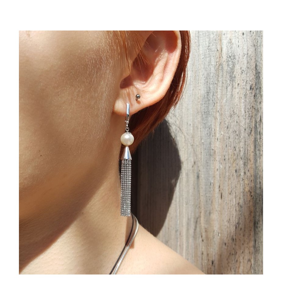 Boucles D'oreilles Pendantes Argent 925 Avec Perle De Culture Grise - 45 Mm, Neuf Sans Emballage