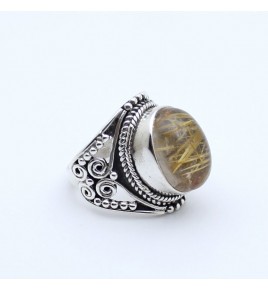 Bague en argent 925 et quartz rutile doré, cabochon ovale