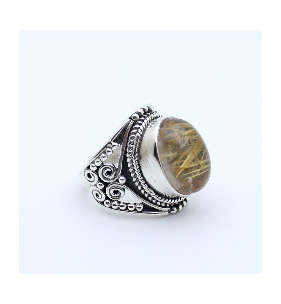 Bague en argent 925 et quartz rutile doré, cabochon ovale