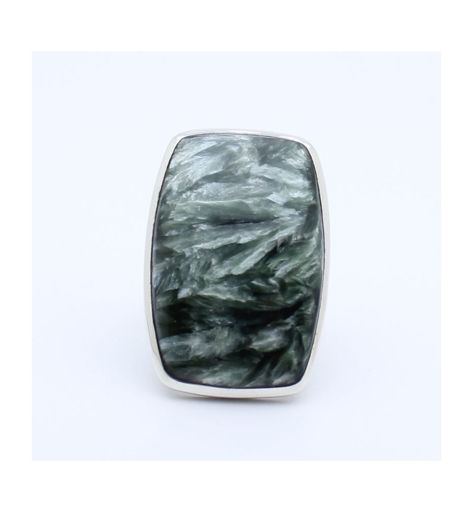 Bague En SÉRAPHINITE Naturelle - Pierre 18x23x7 Mm - 29 Carats - Monture Argent Massif 925 - Taille 59 - NEUVE Sans Boîte