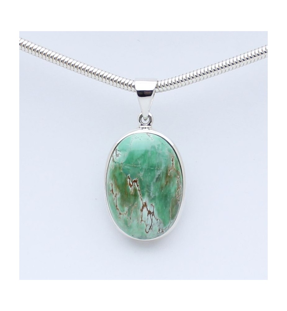 Pendentif Ovale En Turquoise Naturelle 20x10 Mm - Monture Argent Sterling 925 - Chaîne Câble 45 Cm - Pierre De Protection Et Guérison - Cadeau Femme Homme
