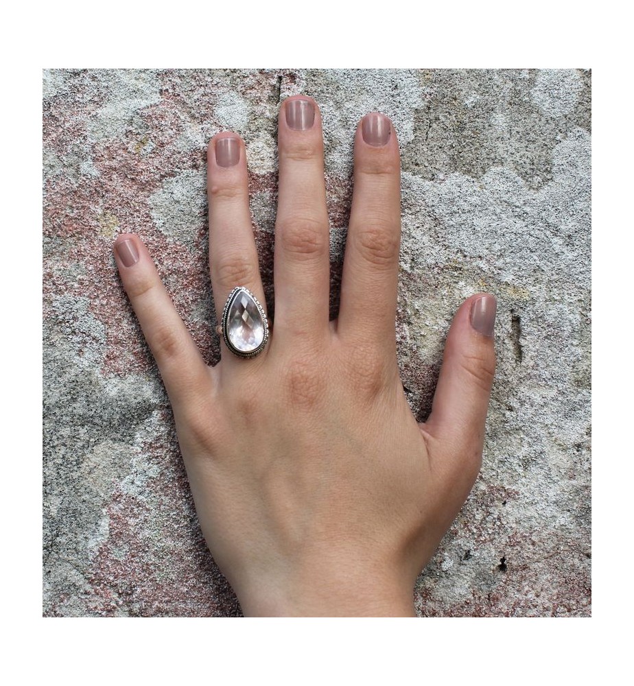 Bague Argent 925 Avec Quartz Rutile Noir En Forme De Goutte - Neuf Sans Emballage