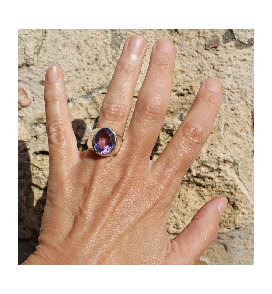 Bague En Argent Sterling 925 Avec Améthyste Facettée - Pierre Naturelle Ovale 10+ Carats - Fait Main En Inde
