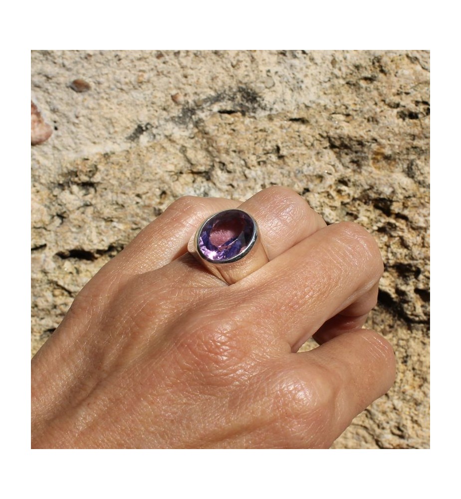 Bague Grande Taille En Argenté Avec Améthyste - Taille 52, Neuve (sans Emballage)