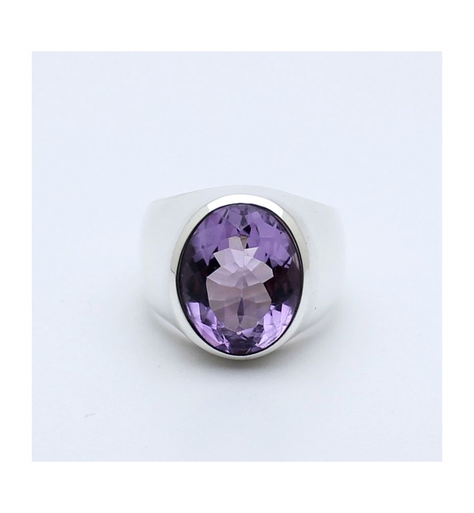 Bague en argent 925 et améthyste facettée à gros anneau