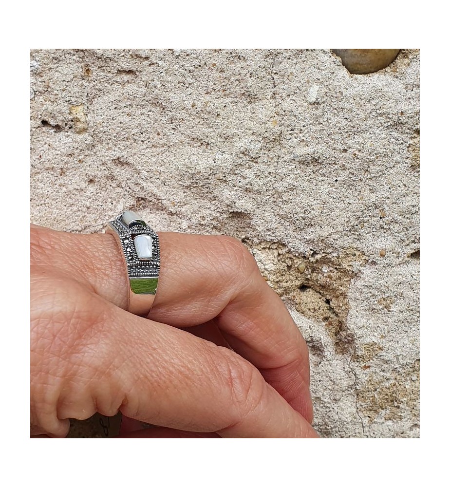 Bague En Argent 925 Trois Rectangles De Nacre Ivoire Les Poulettes - Bijou De Créateur Fantaisie