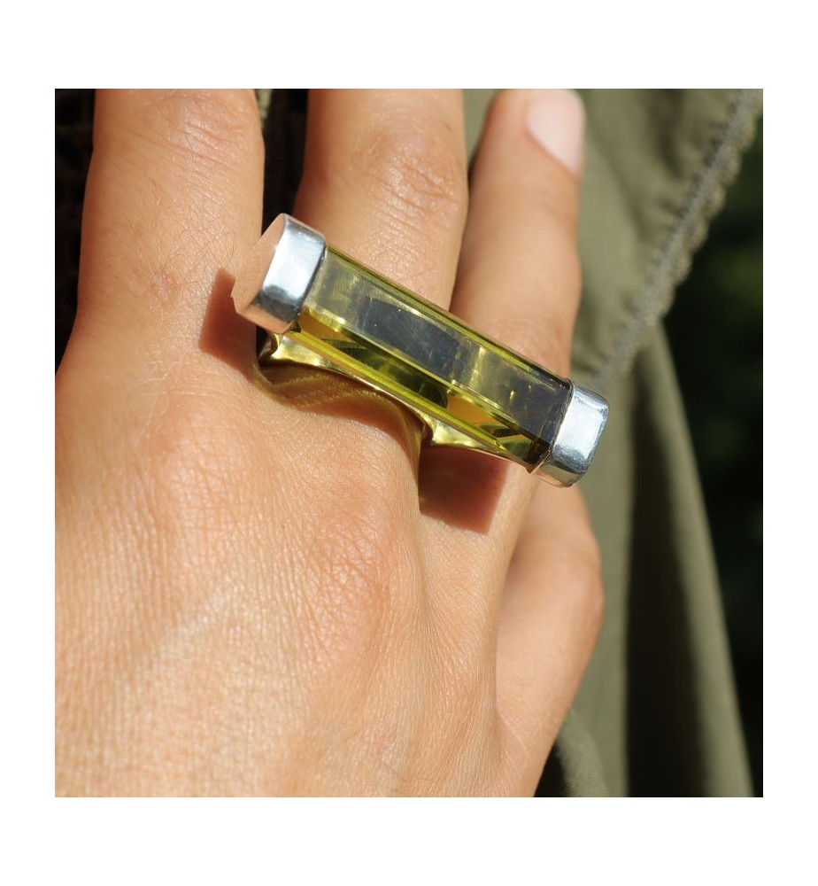 Bague Ancienne En Argent Massif 925 - Jonc Alliance Vermeil Avec Ambre, Occasion