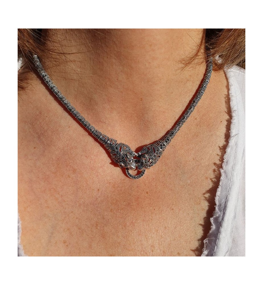 Collier Ancien En Argent 800, Orné De Gemmes Et De Marcassites - Bijou Vintage