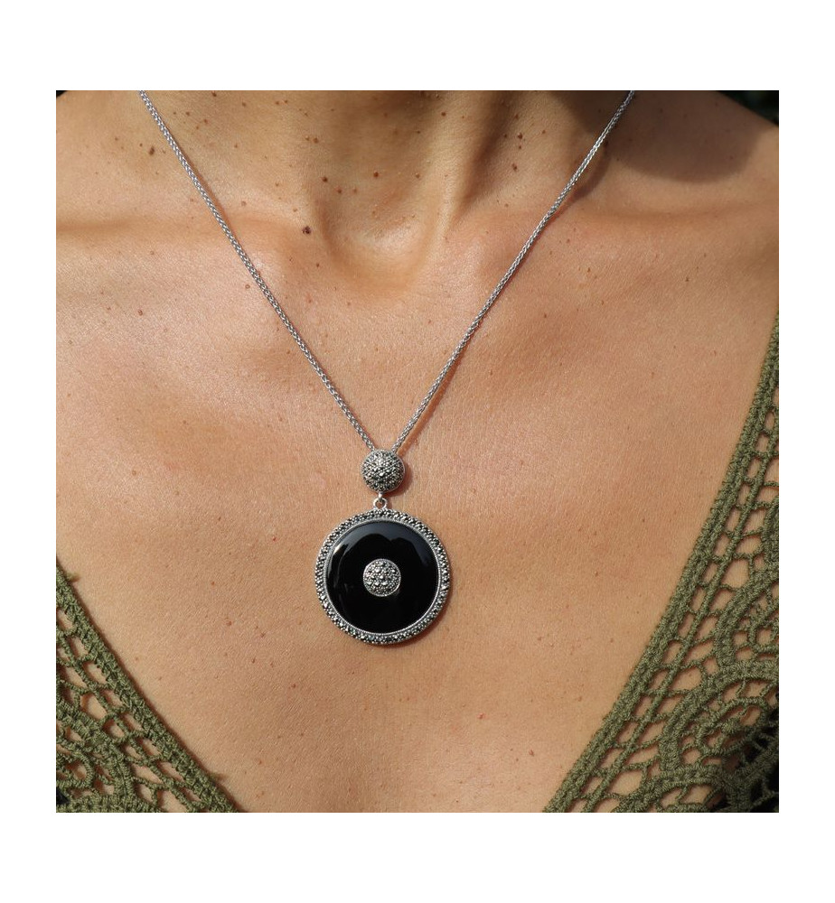 Pendentif En Argent 925 Avec Grenat Et Marcassites - Bijou Occasion Argenté Et Pierres