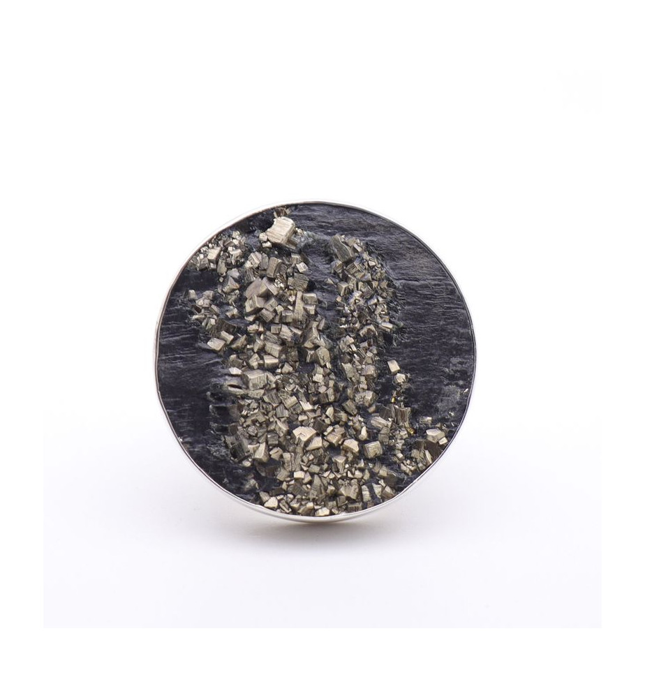 Bague émeraude, Pyrite Et Calcite En Argent Fin 950 - Taille 57, Cabochon, Vert Translucide