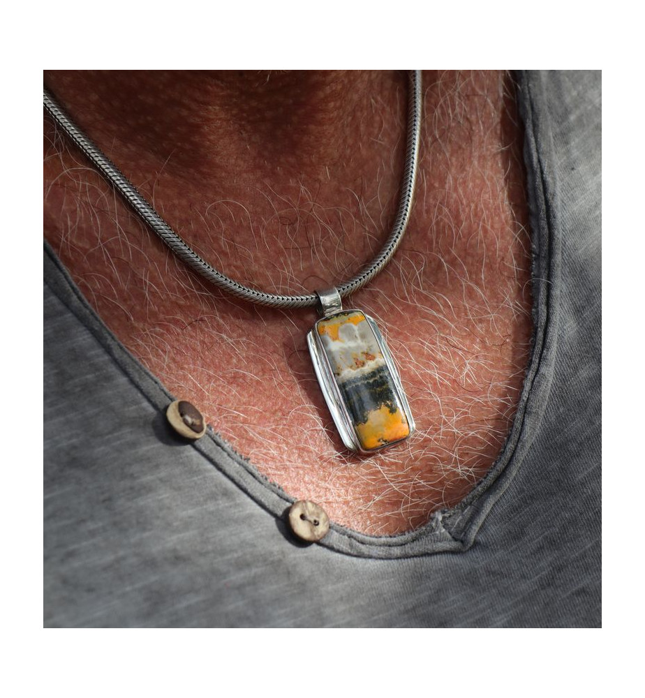 Pendentif en argent 925 et jaspe bourdon rectangulaire