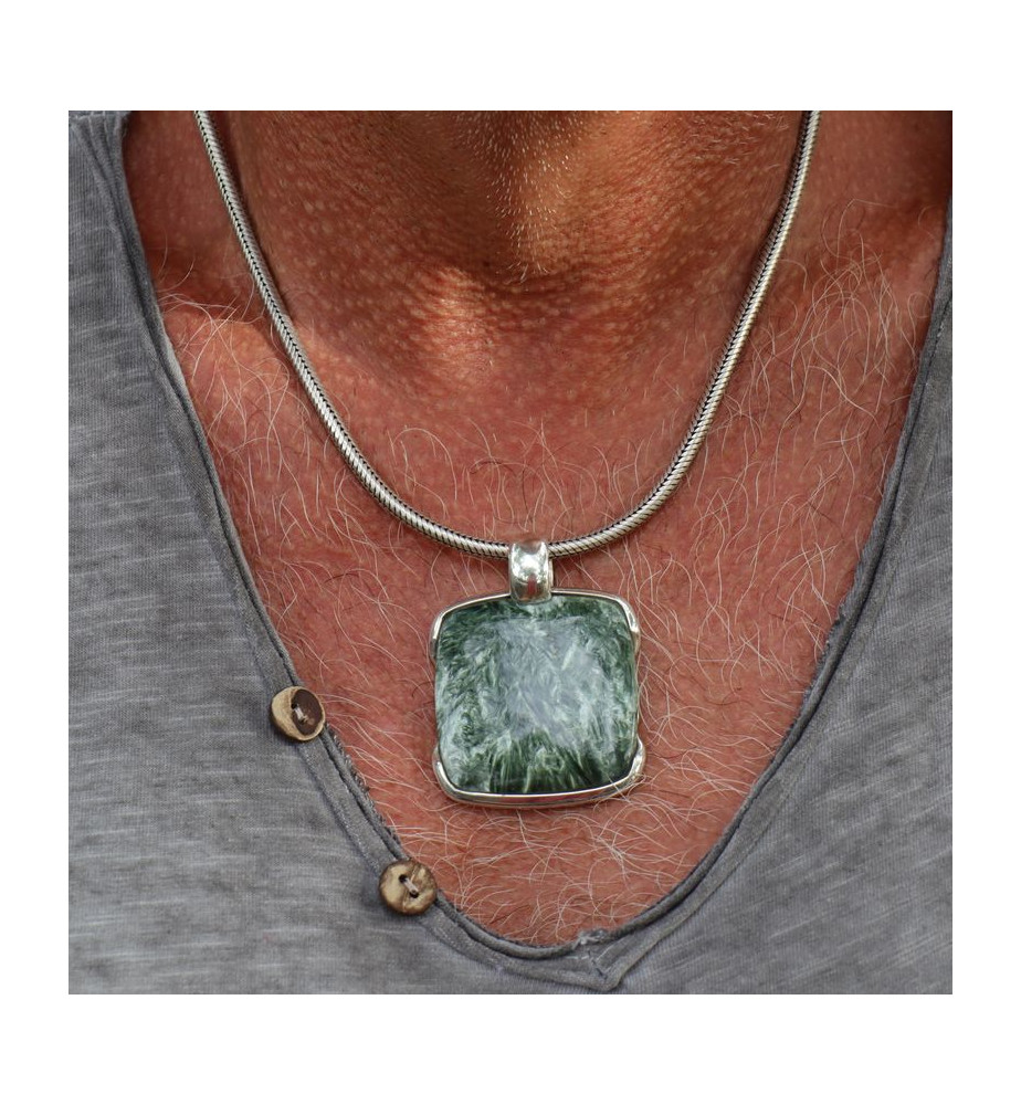 pendentif argent pierre verte homme