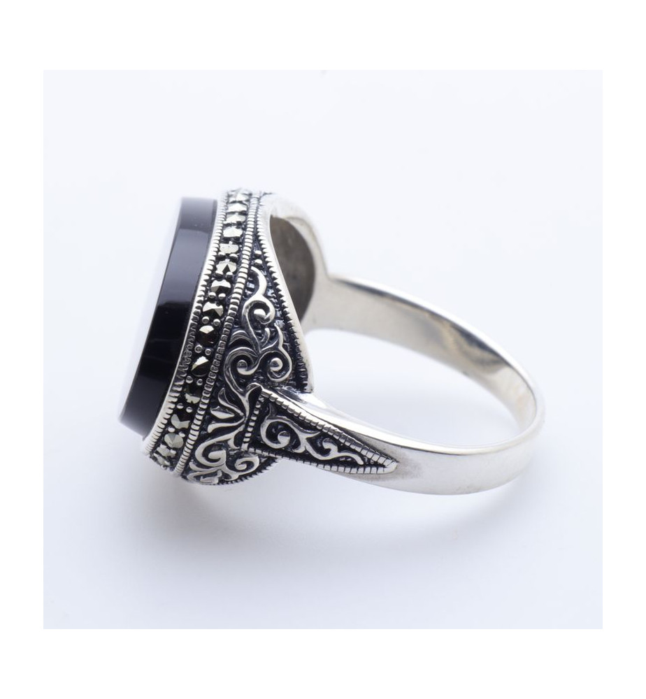 Bague Ancienne Argent Massif 925 - Style Art Déco Noir - Taille 64 - Jonc Alliance Créateur