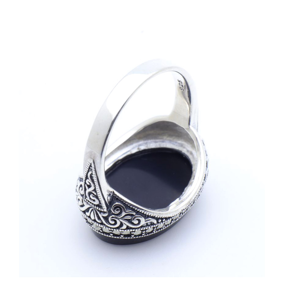 Bague Cocktail Vintage Argent Massif - Onyx, Opale Et Marcassites - Taille 53