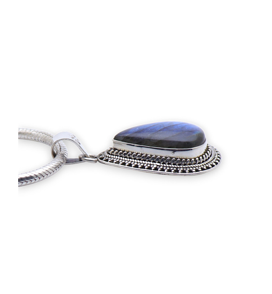 Pendentif En Argent 925 Avec Labradorite Bleutée - Ciselé, Style Ethnique - Neuf Sans Emballage