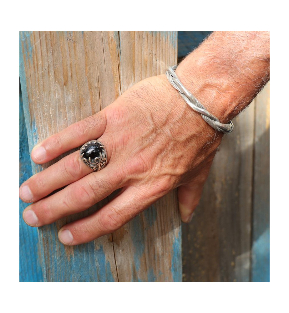 Bague Ancienne En Argent Massif 925 Avec Onyx Facetté Noir - Taille 51, Poids 14g - Modèle N°160