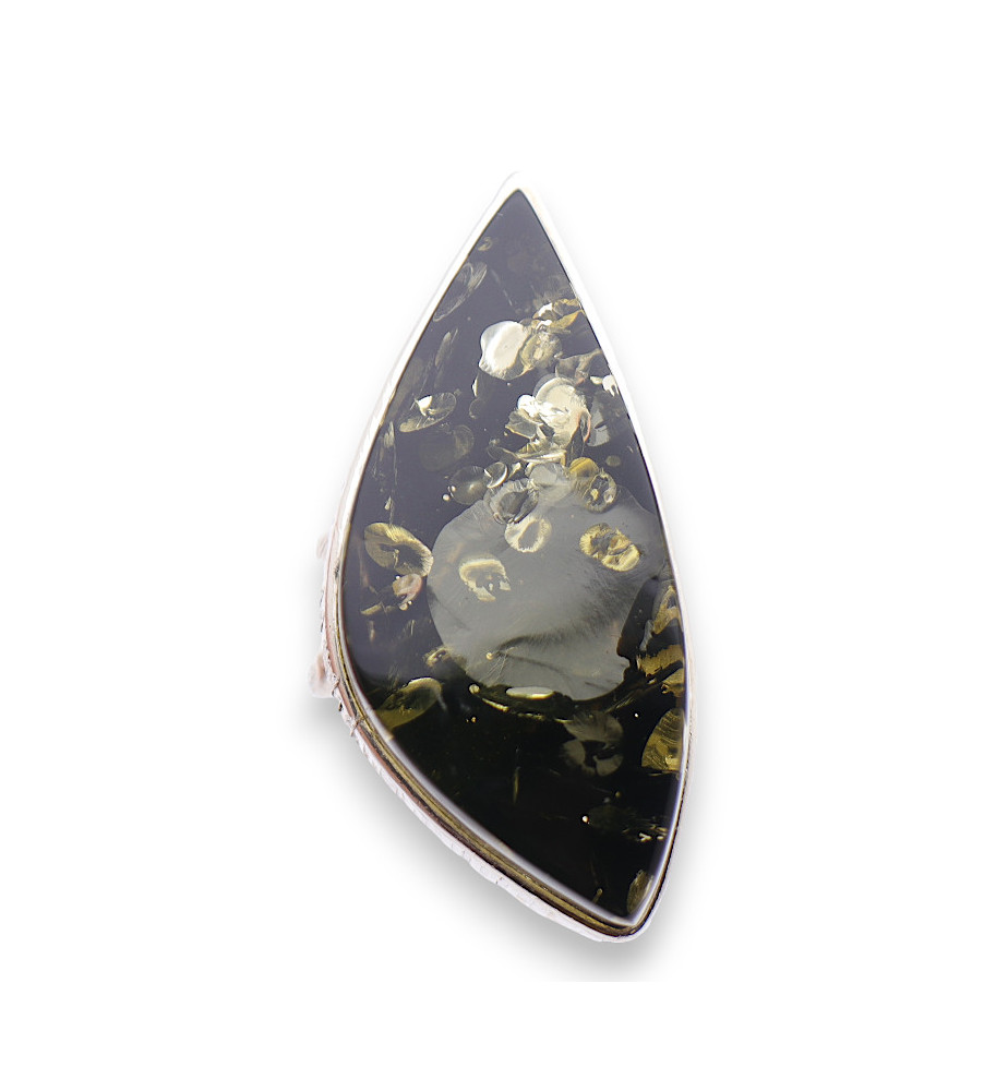 Bague En Argent Massif Avec Triangle D'ambre Vert - Taille 52 - Contours Ajourés - Occasion