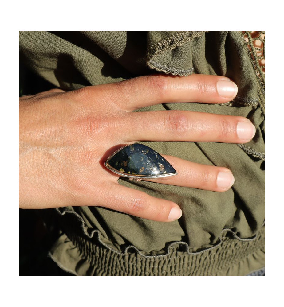 bague argent ambre verte