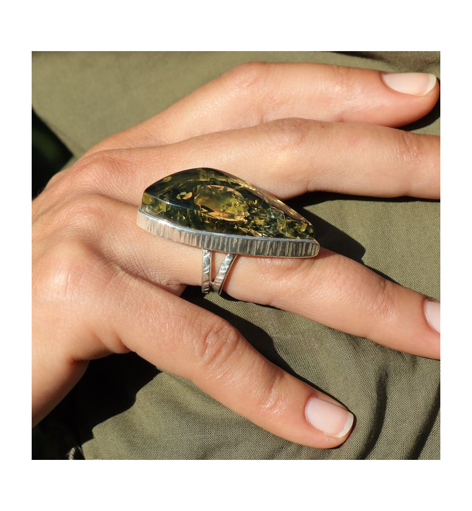 Bague 3409-B en Ambre véritable - Bijoux en Argent rhodié pour Femme