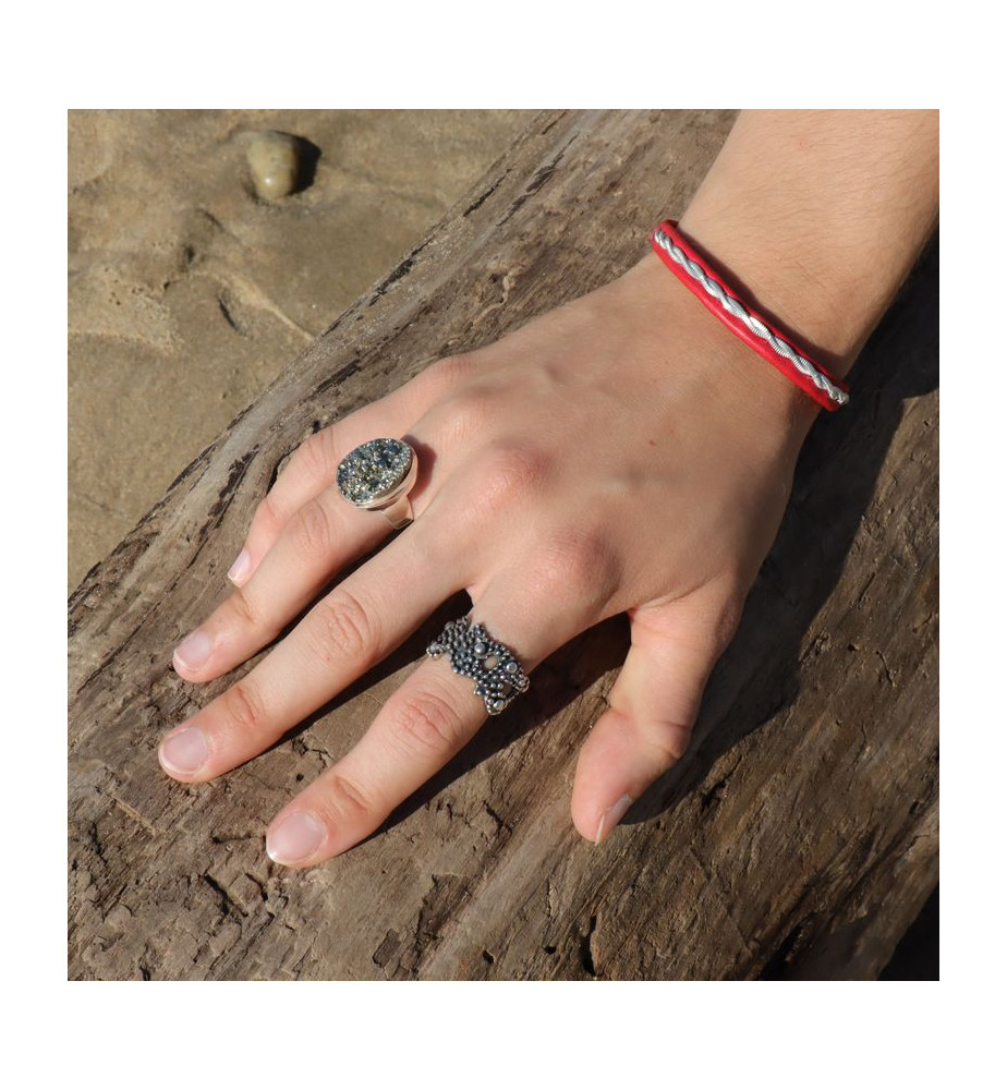 bracelet cuir et fil d'étain et argent