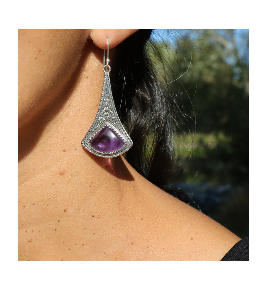 Boucles D'oreilles Pendantes MONOSONO En Argent 925 Rhodié Avec Améthystes - Neuf Sans écrin