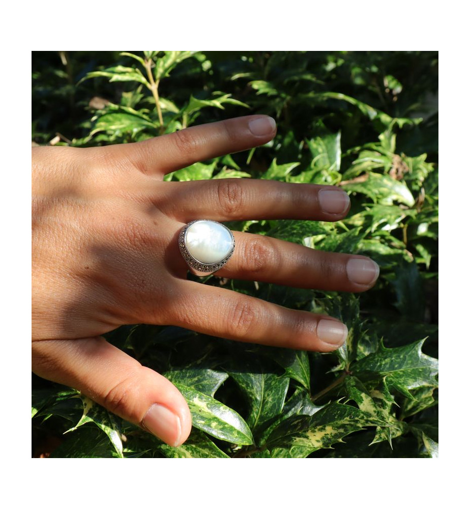 bague nacre blanche marcassite argent