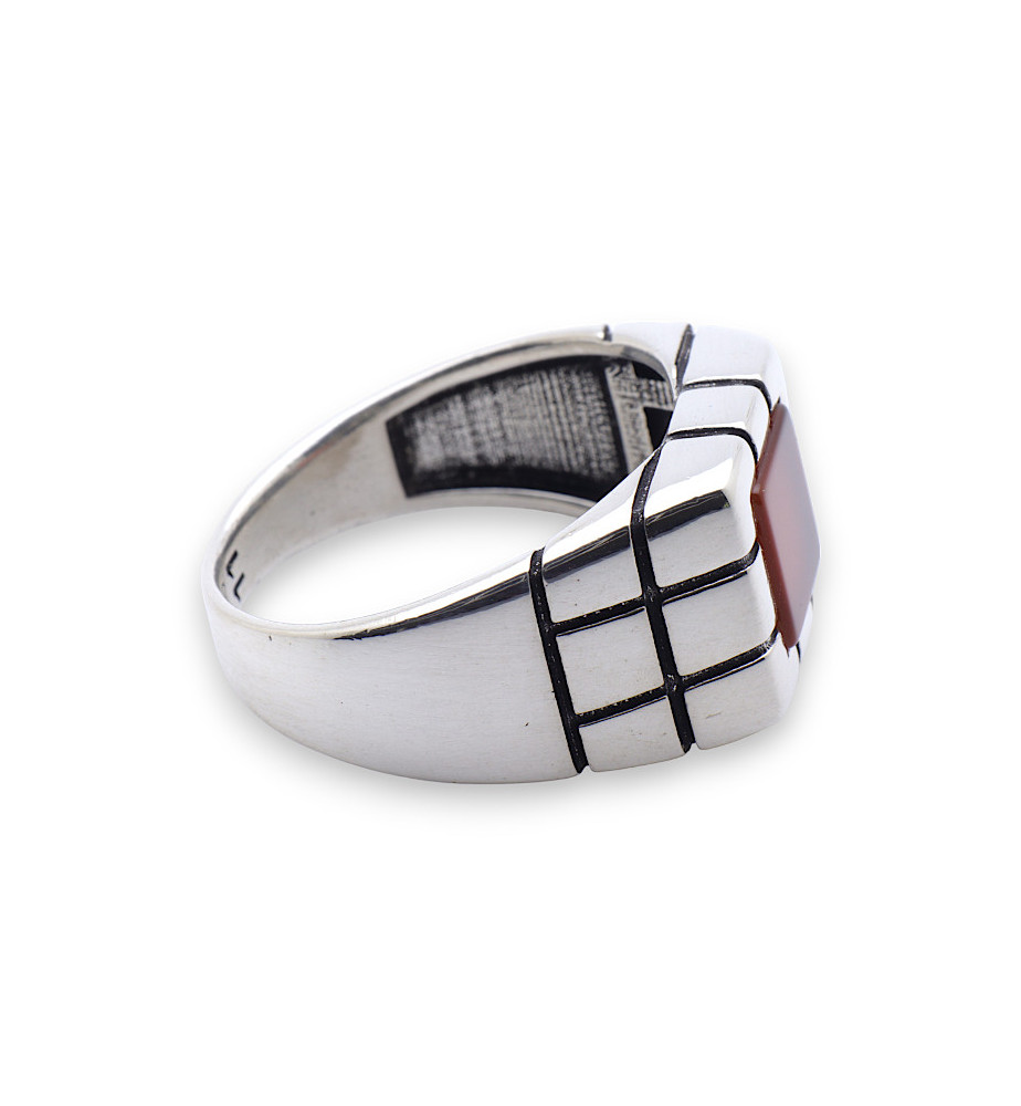 Chevalière En Argent Massif Avec Cabochon De Cornaline - Taille 56 - Occasion