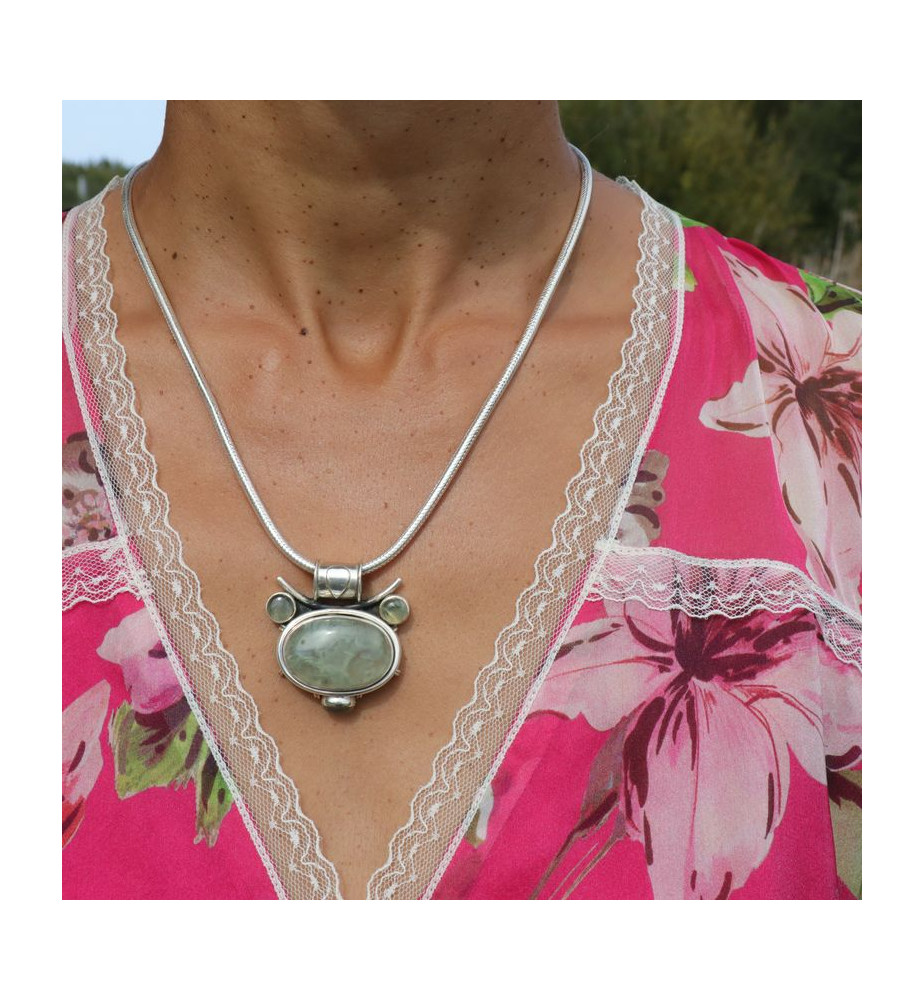 pendentif argent prehnite verte