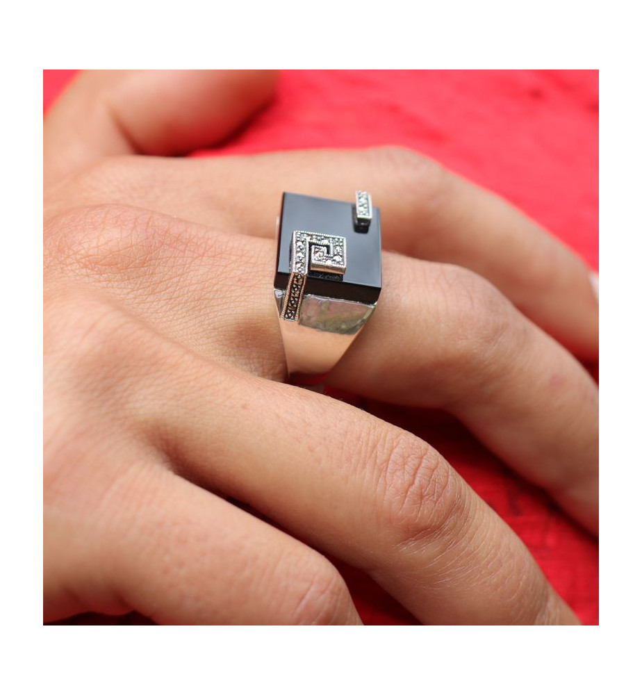 Bague Art Déco En Argent 925/000 Avec Onyx Noir Et Marcassites - Taille 53 - Bijou Ancien Repoli