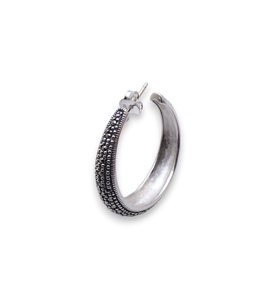 Boucles D'Oreilles en Argent 925‰ Ruban Clouté De Marcassite Et Agate
