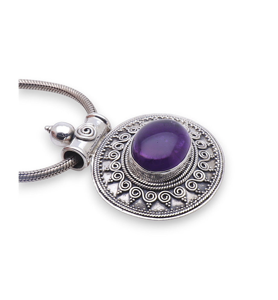 Pendentif Ancien En Argent Massif Avec Améthyste Violette - Bijou Vintage Occasion
