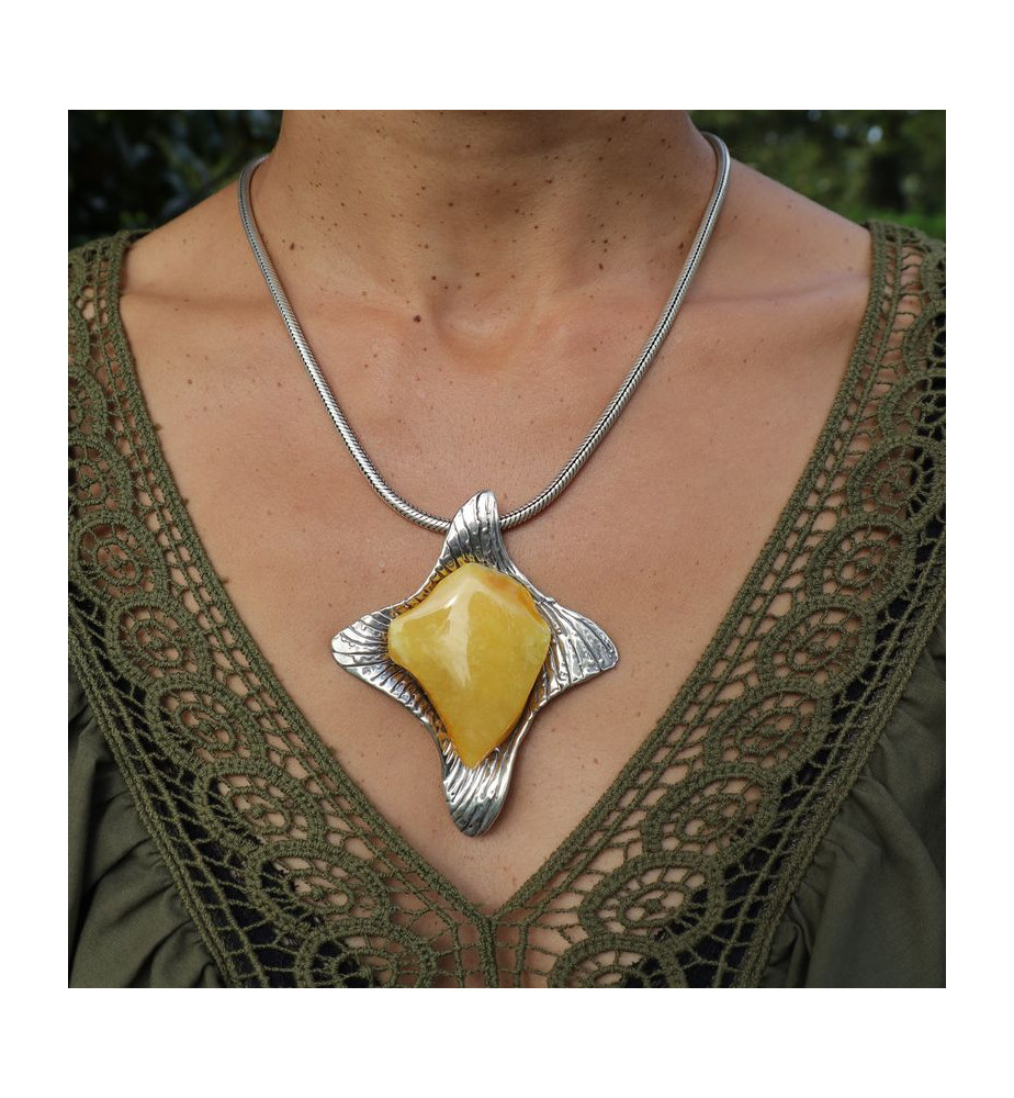 pendentif argent ambre original
