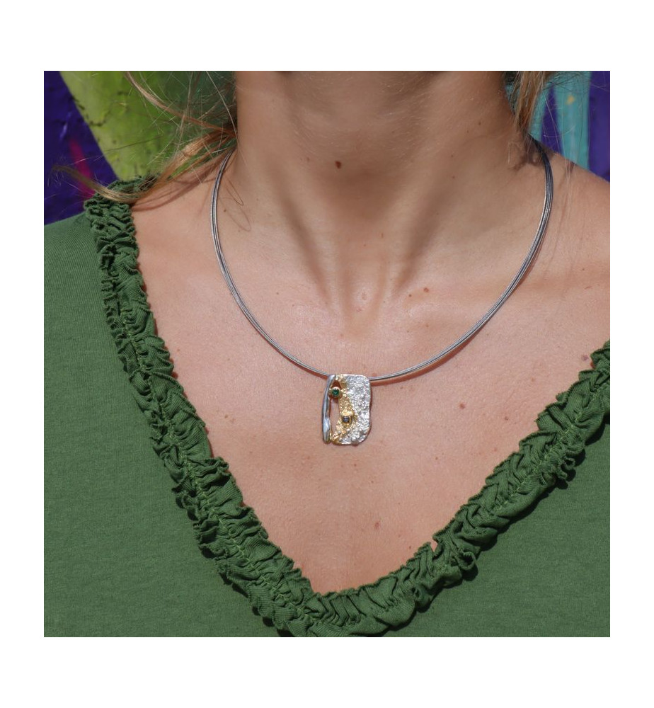 Collier Vintage Avec Pendentif Rond En Verre Bleu Argenté - Cordon Argenté, Occasion