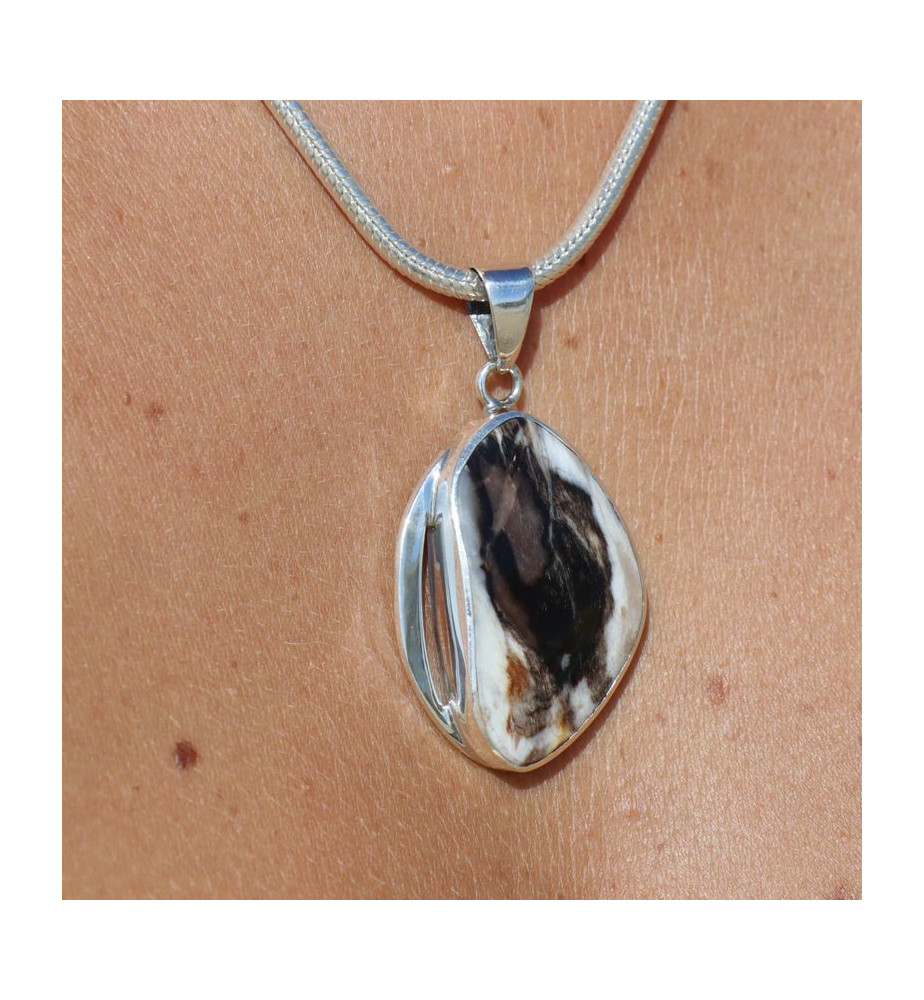 Pendentif Argent 925 Avec Pierre Fossile Ammolite - Style Ethnique Vintage, Multicolore