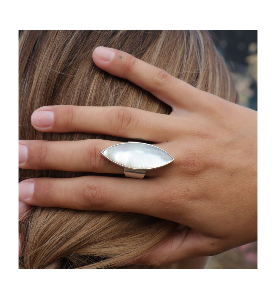 Bague Large En Argent 925 Et Nacre - Taille 55, Occasion, Style Noir Et Nacré
