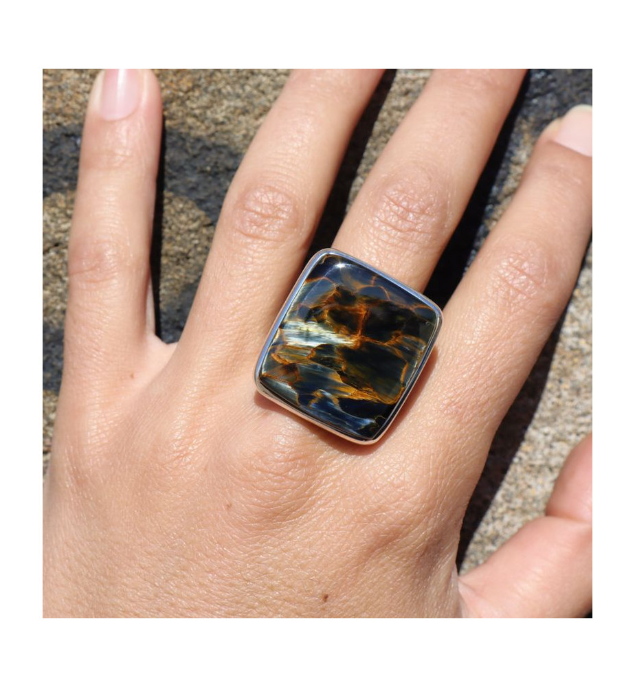 Bague Design En Argent 925 Et PIETERSITE - Modèle BA-AR-400, Taille 56 - Bijou Contemporain Et Unique