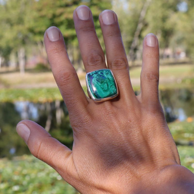 Bague Argent Massif 925 Avec Vraie Azurite 20x22mm - Pierre Naturelle, Neuf Sans Boîte