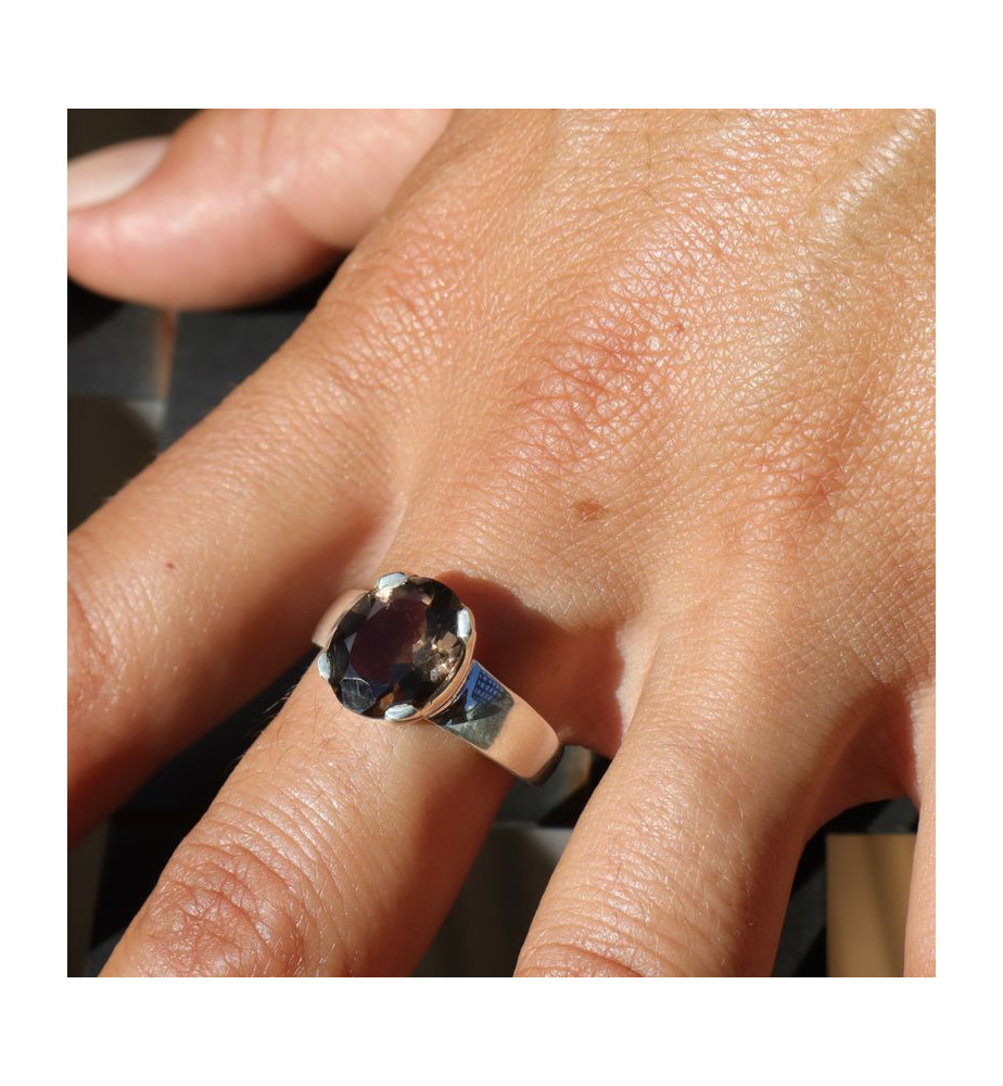 bague argent avec quartz fumé