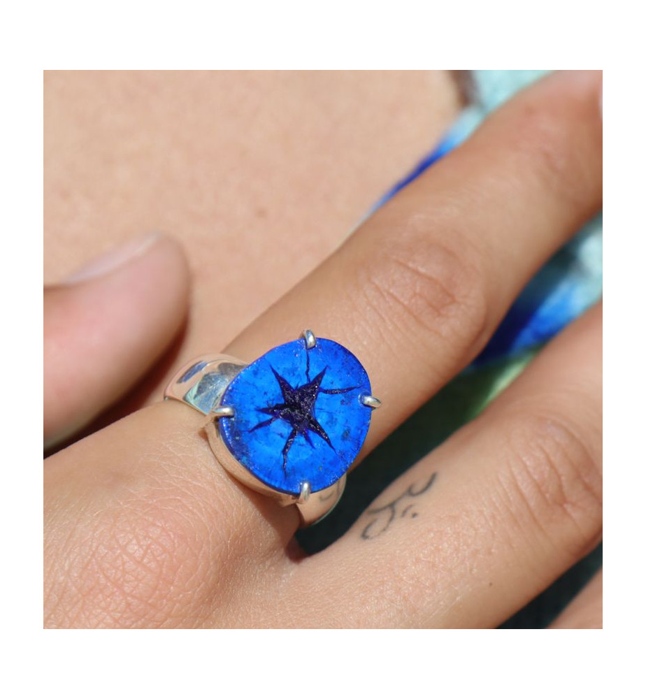 Bague En Argent Massif 925 Avec Azurite Véritable - 20x22 Mm - Neuf Sans Emballage
