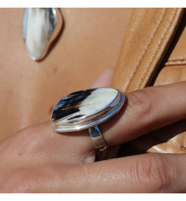 bague de création argent bois fossile