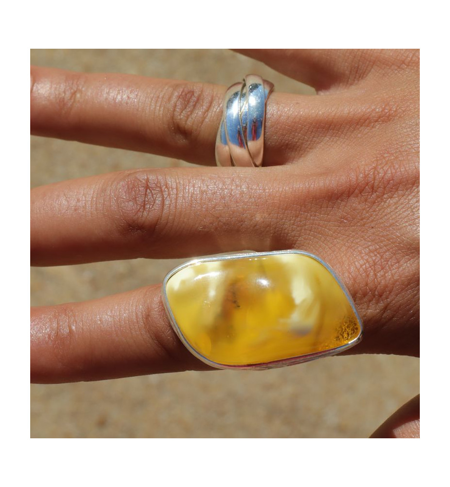 grande bague argent et ambre jaune