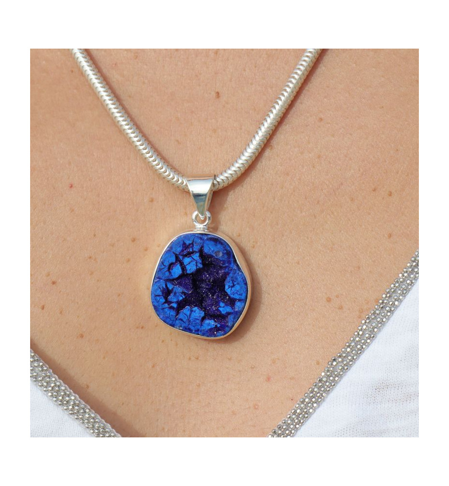 Pendentif en argent 925 serti d'une belle azurite bleue