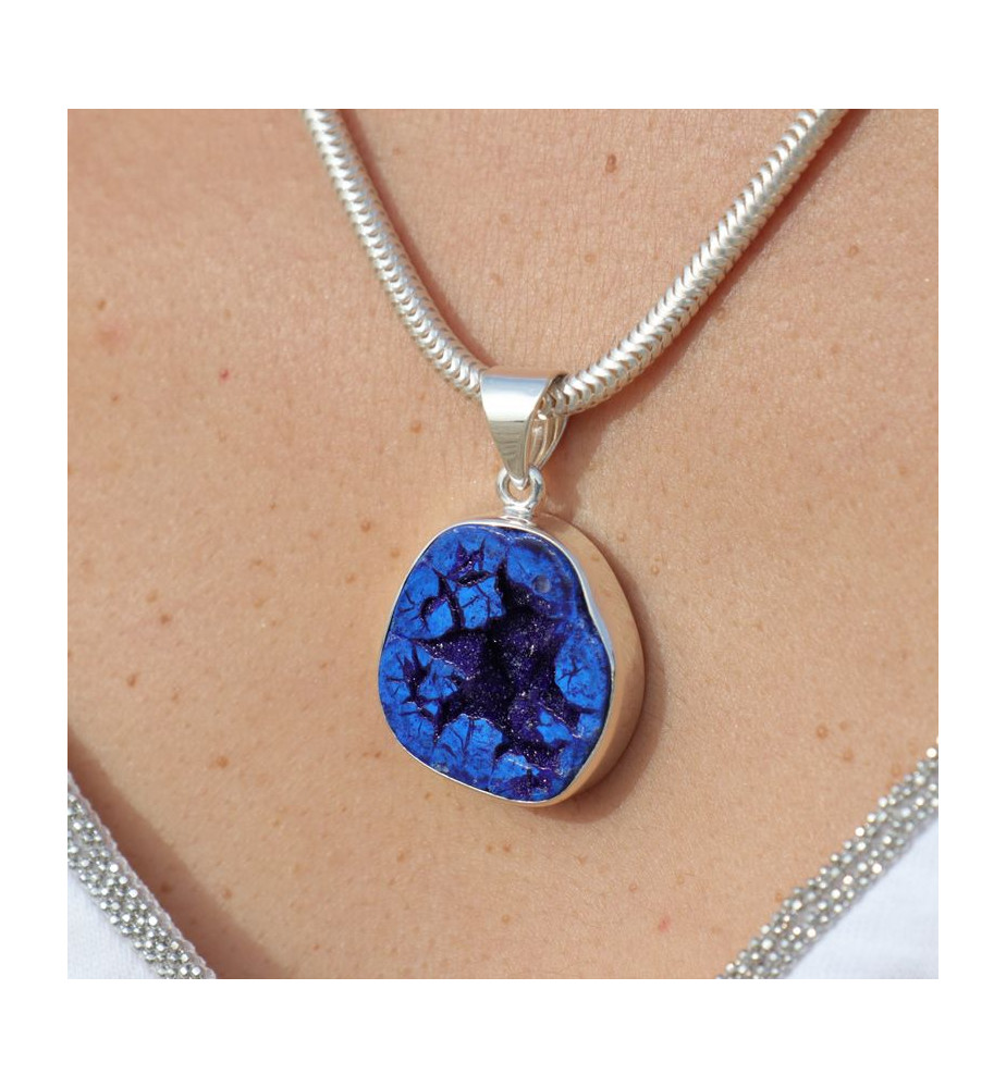 Pendentif en argent 925 serti d'une belle azurite bleue