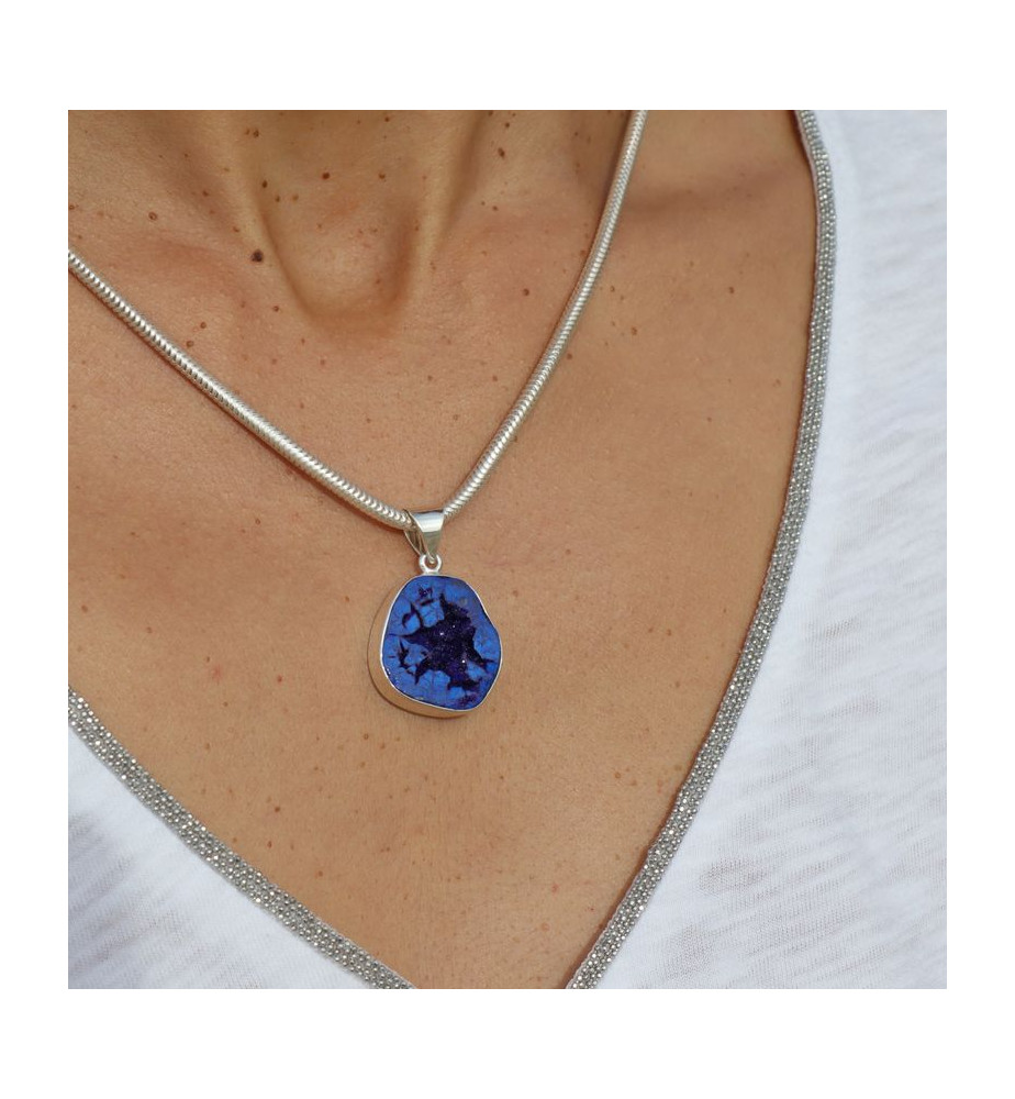 Pendentif en argent 925 serti d'une belle azurite bleue