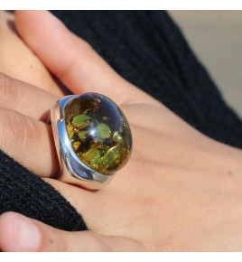 bague argent et ambre vert