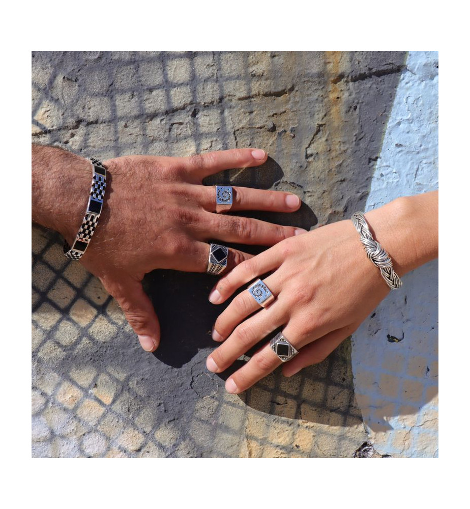 Chevalière Homme Argent 925 - Onyx Noir Carré - Artisanat Main - Tailles 50 à 65 - Parfaite Pour Un Look Élégant