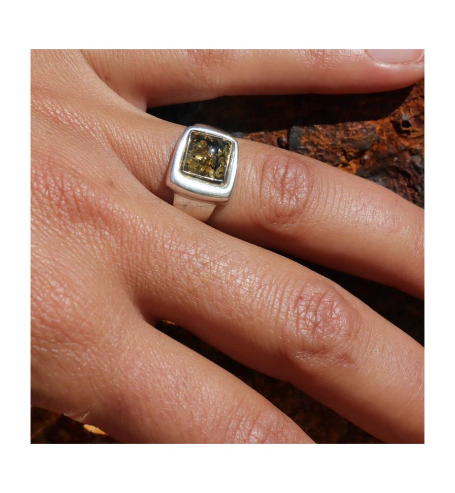 Bague mixte en argent 925 ornée d'un ambre vert