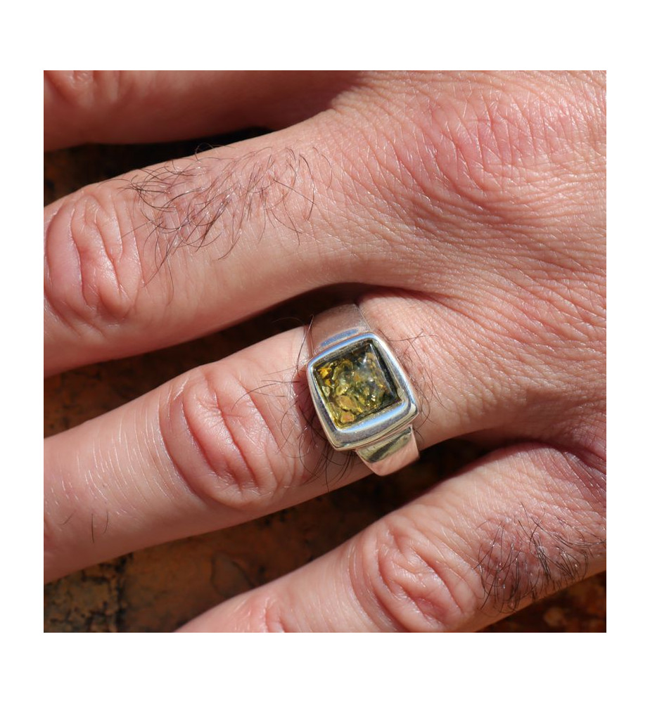 Bague mixte en argent 925 ornée d'un ambre vert