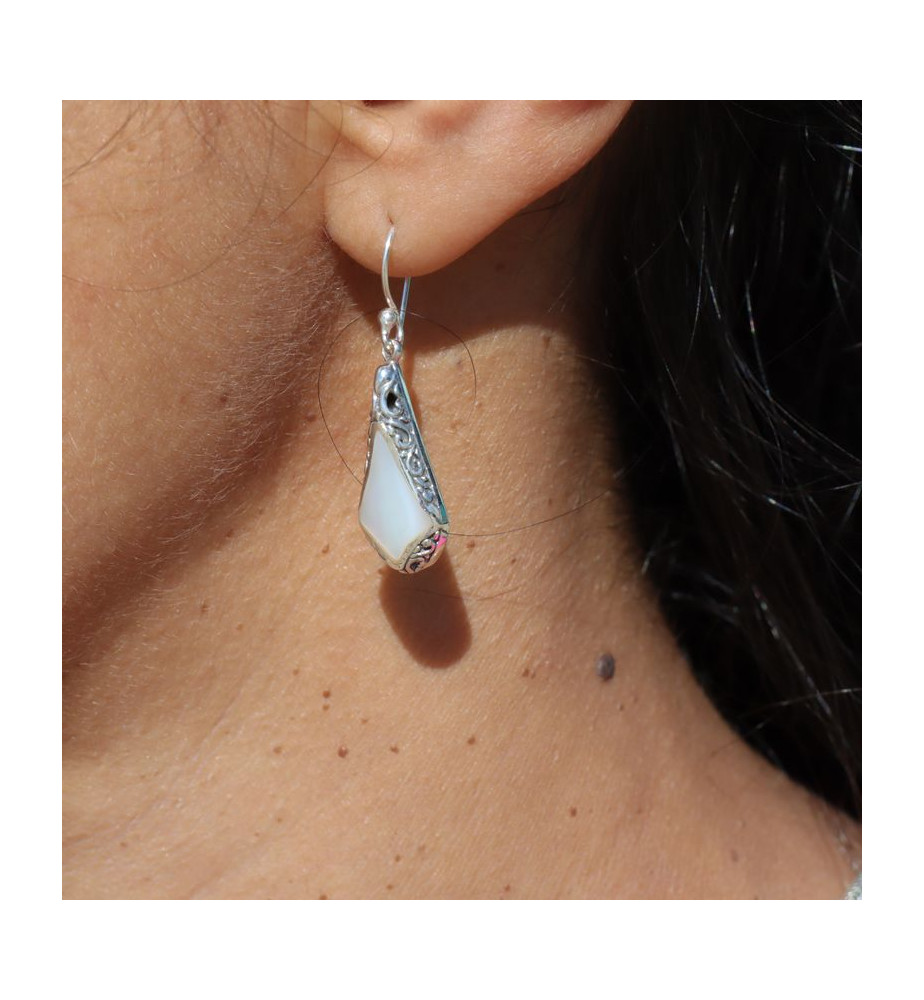 Boucles D'Oreilles Pendantes En Nacre Naturelle & Argent 925 - Cristal, Dormeuses, Livraison Rapide