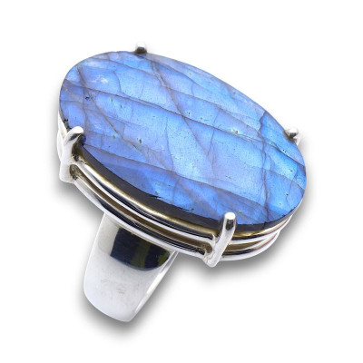 Bague En Argent Massif 925 Avec Labradorite Bleue De Madagascar - Taille Réglable 52-59 - Création Maison Française